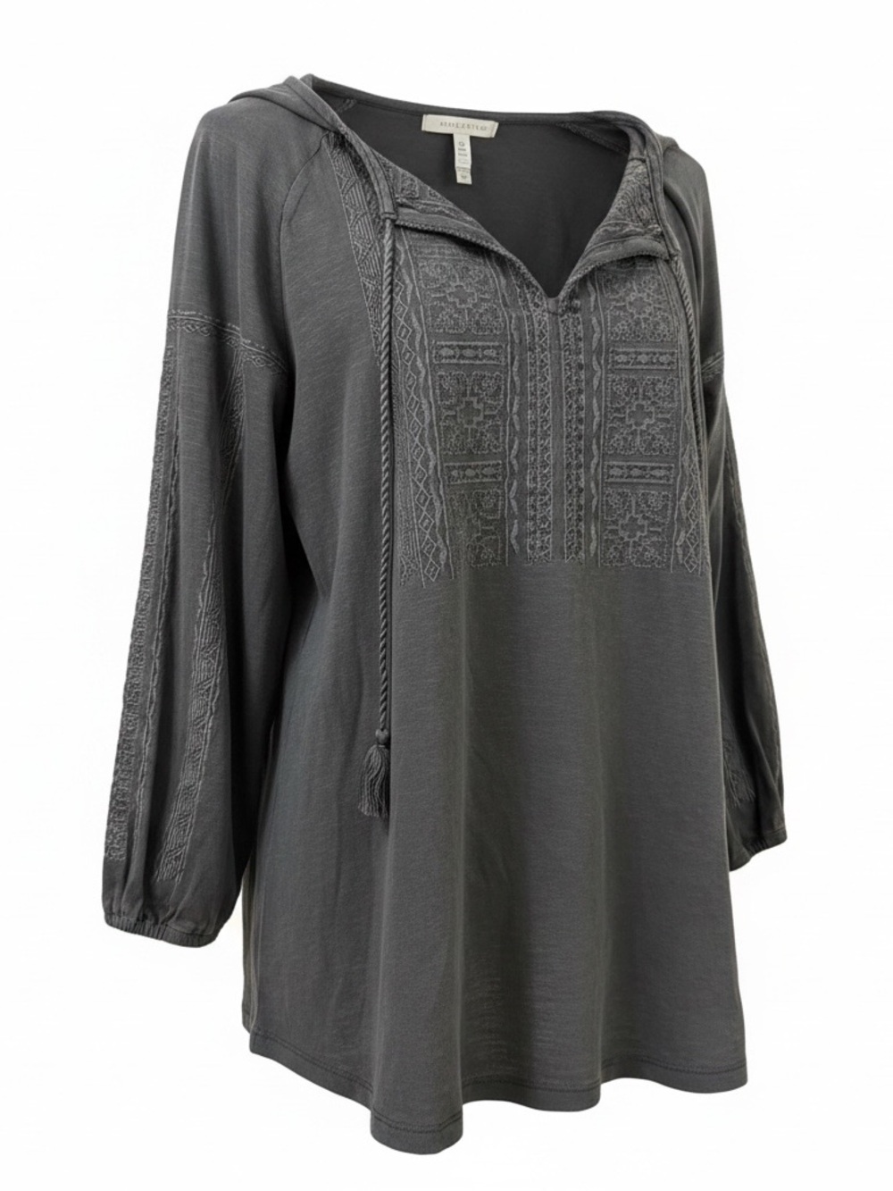 Lucky Brand Gray Top Tassel Tie Front Embroidery Women’s Size XL NWT